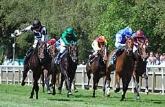 Halicarnassus (Tony Culhane) having been pushed along most of the way, fly down the outside to collar He`s A Decoy (Mick Kinane) and Admiral of the Fleet (Johnny Murtagh) close home in the Group 2 Weatherbys Superlative Stakes at Newmarket (14-07-06)