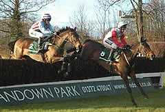 Ollie Magern (Carl Llewellyn) leads Impek (AP McCoy) over one of the railway fences at Sandown, in the King George