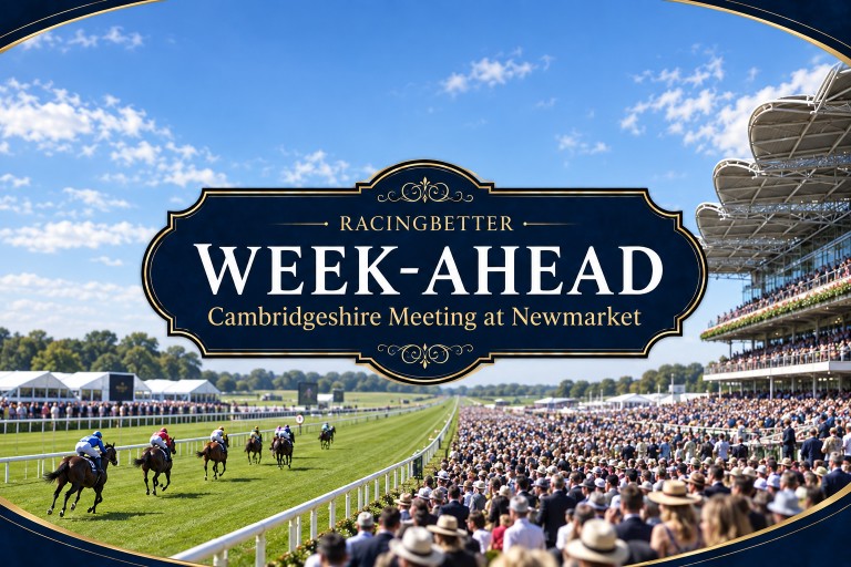Horses racing down the Newmarket straight in front of packed crowds, with banner text "RacingBetter Week-Ahead — Cambridgeshire Meeting at Newmarket"