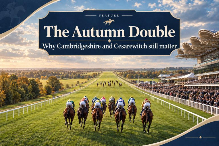 A wide field of horses racing down a long straight toward packed grandstands under an autumn sky, with banner text "Feature — The Autumn Double — Why Cambridgeshire and Cesarewitch still matter"