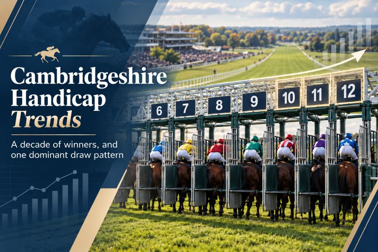 Horses breaking from the stalls at the start of a big-field handicap, with banner text "Cambridgeshire Handicap Trends — A decade of winners, and one dominant draw pattern"