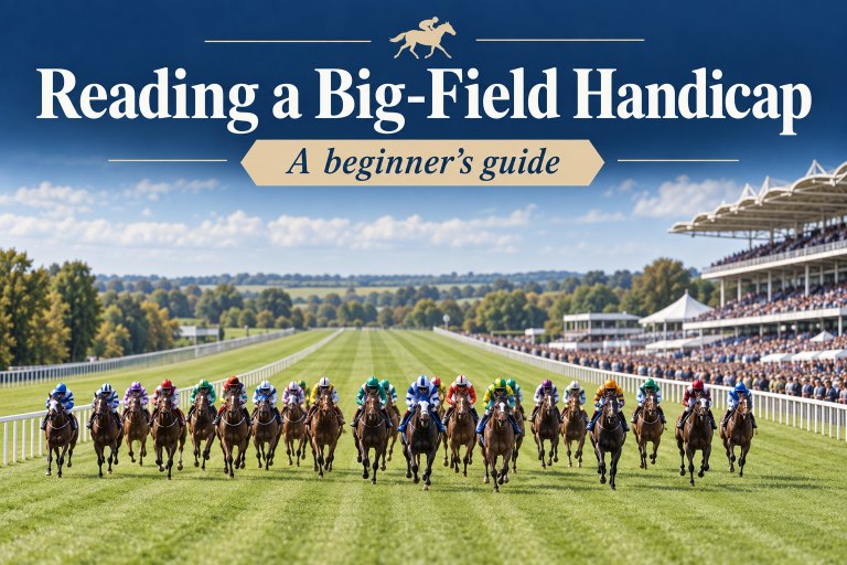 A wide field of horses racing shoulder to shoulder down the straight in front of packed grandstands, with banner text "Reading a Big-Field Handicap — A beginner's guide"