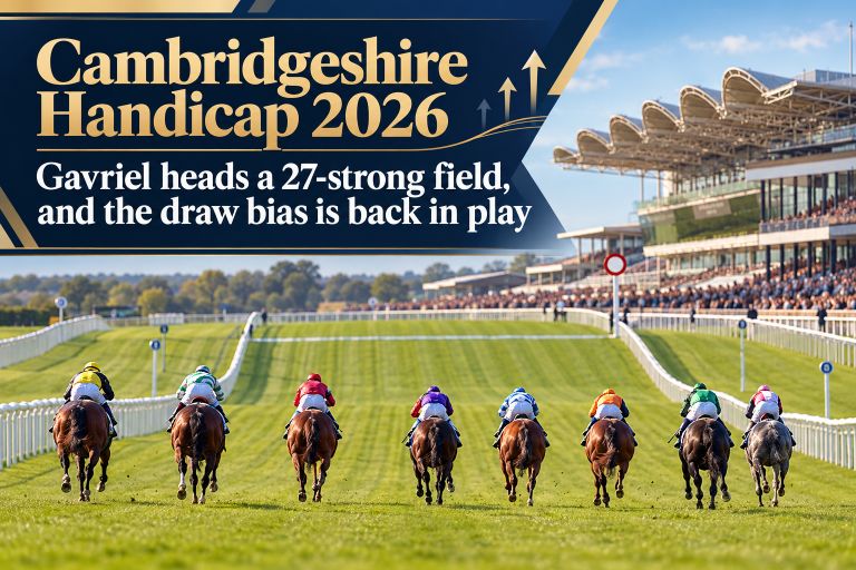 A field of horses racing away from camera down Newmarket's dipping straight toward the finish, with banner text "Cambridgeshire Handicap 2026 — Gavriel heads a 27-strong field, and the draw bias is back in play"