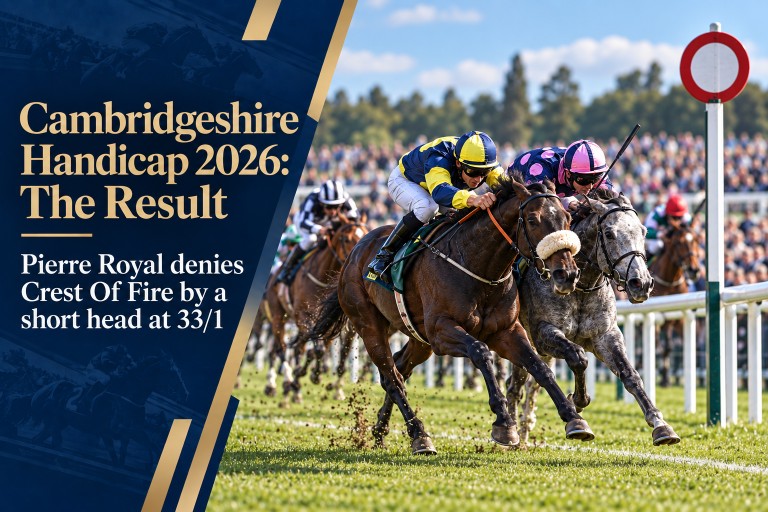Two horses driving head to head toward the finishing post on the Cambridgeshire straight, with banner text "Cambridgeshire Handicap 2026: The Result — Pierre Royal denies Crest Of Fire by a short head at 33/1"